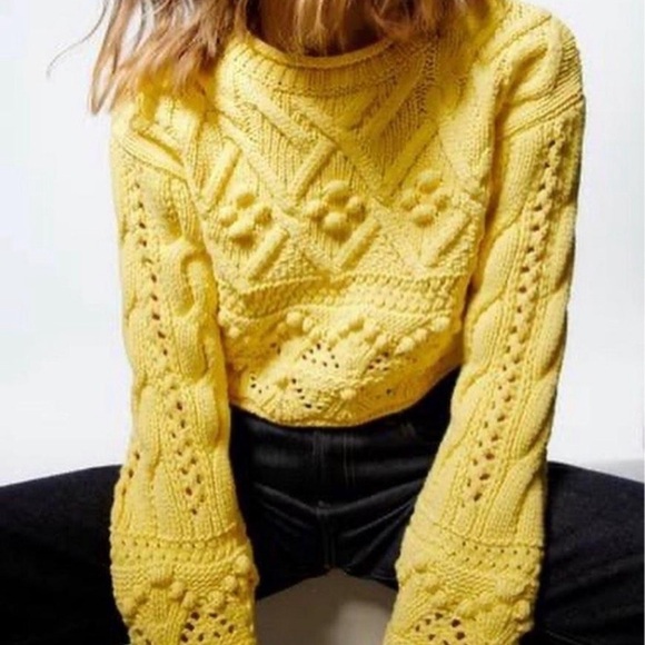 NWT ZARA Pom Pom Knit Yellow Cropped Sweater Sz S - Picture 5 of 8